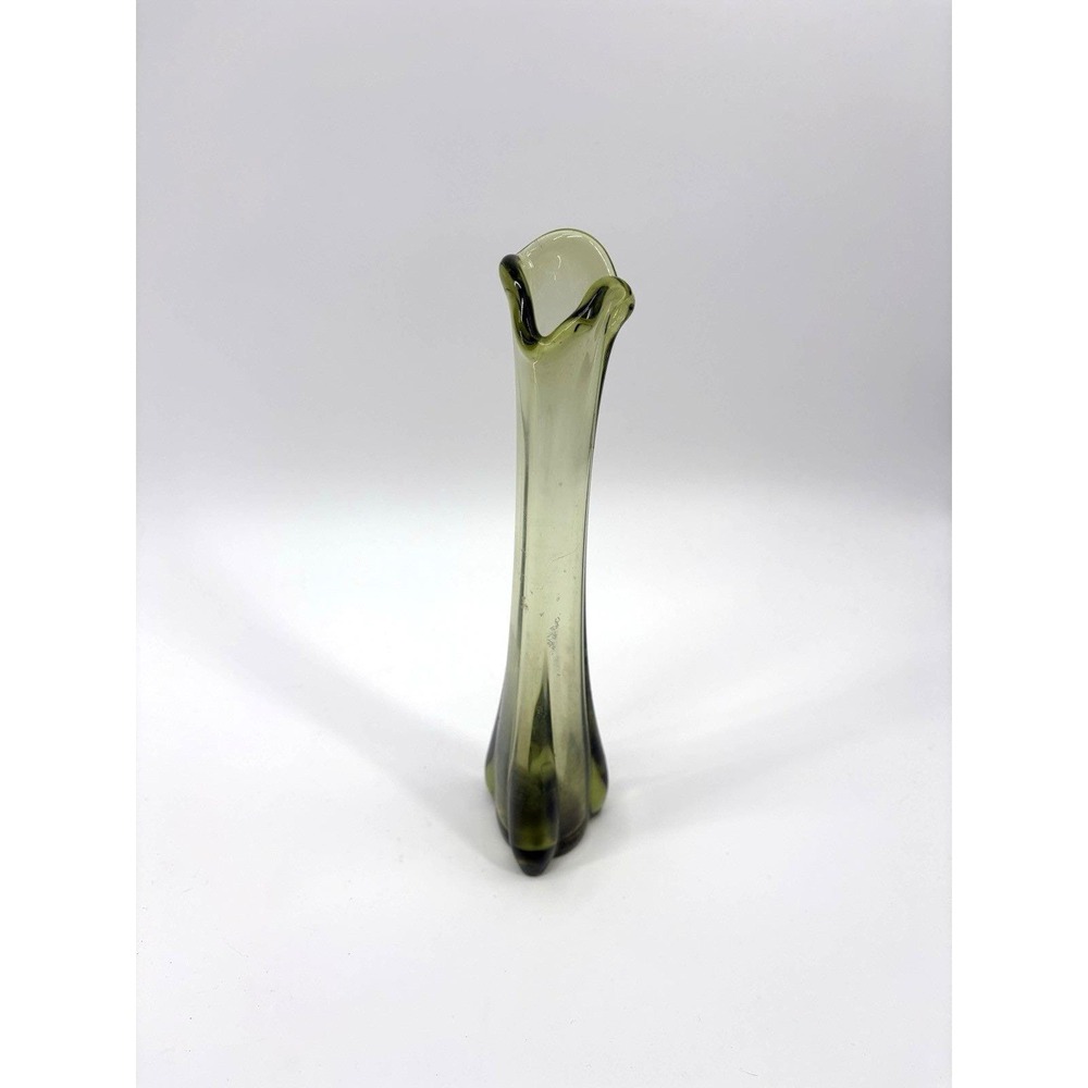 Vintage Avocado Olive Green Swung Glass Ruffled Mid Century Modern 10.5 in